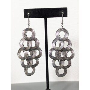 Gunmetal Gray Textured‎ Round Disc Charm Chandelier Long Earrings Pierced MOD